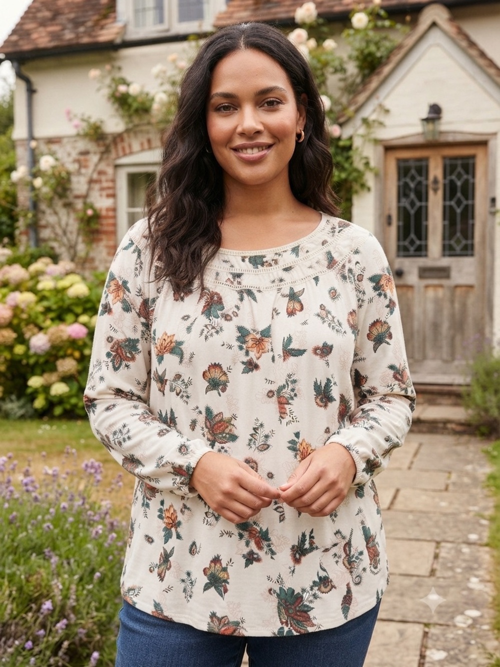 Lane Bryant Cream Paisley Floral Long Sleeve Top